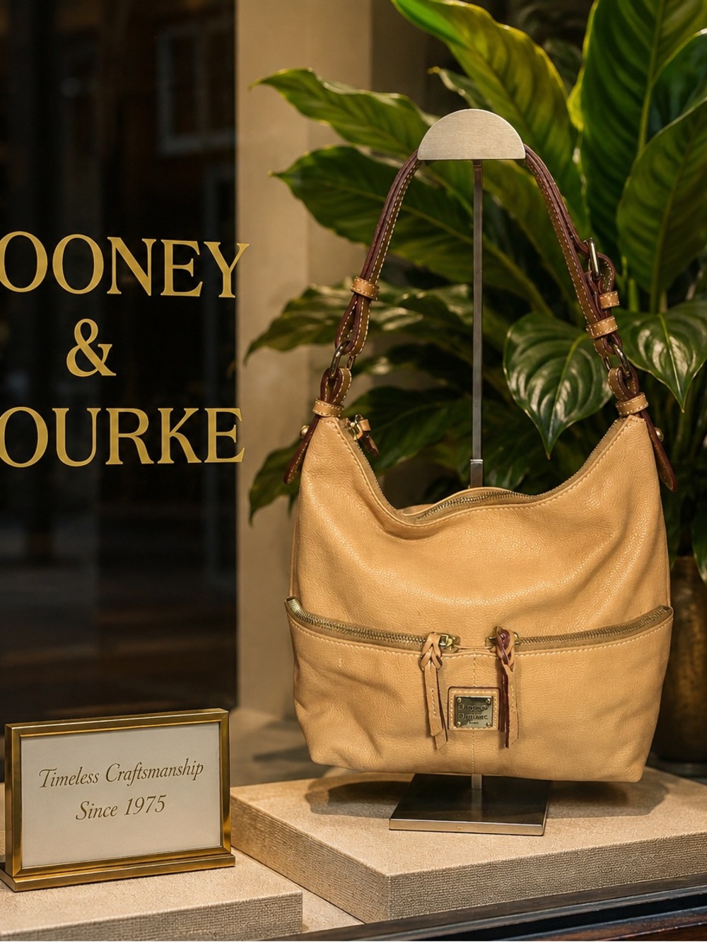 Dooney & Bourke Tan Leather Hobo Bag with Brown Straps